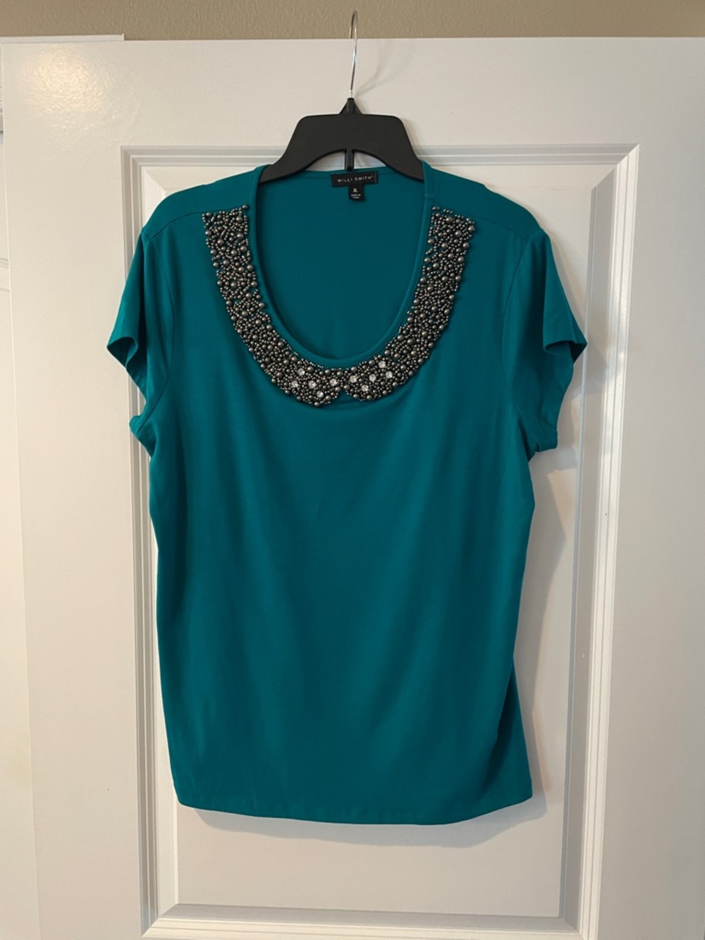 Willi Smith Teal Short Sleeve Top with Beaded Scoop Neckline
